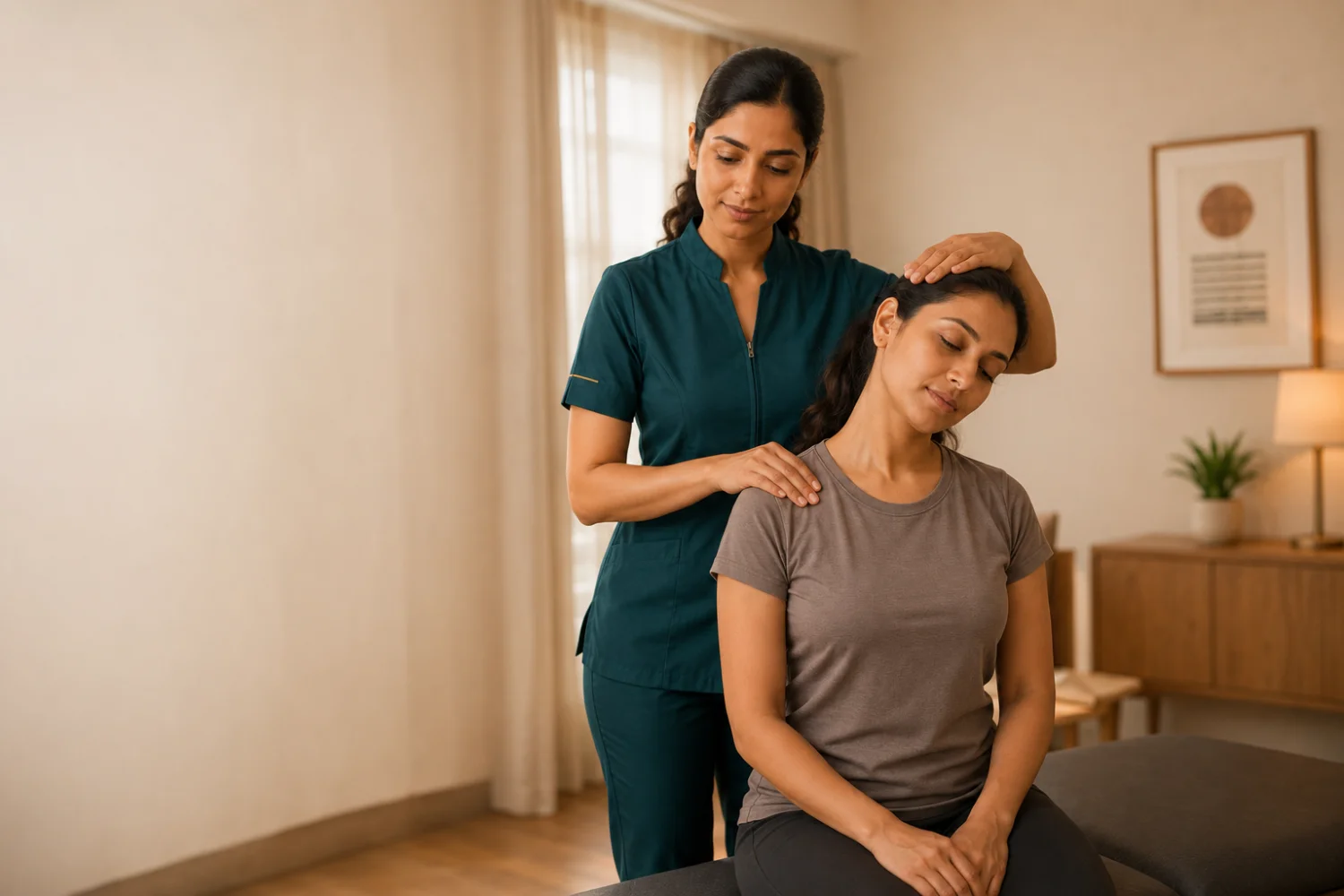 Physiotherapist supporting neck and upper-back assessment at home