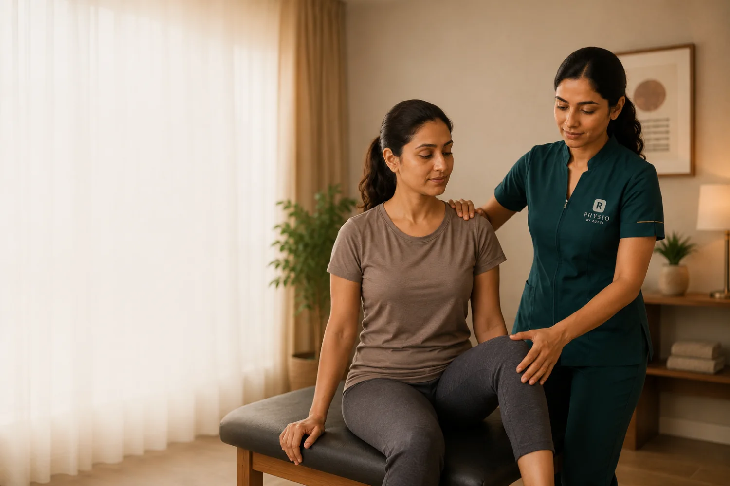 Physiotherapist guiding gentle post-surgery rehabilitation movement