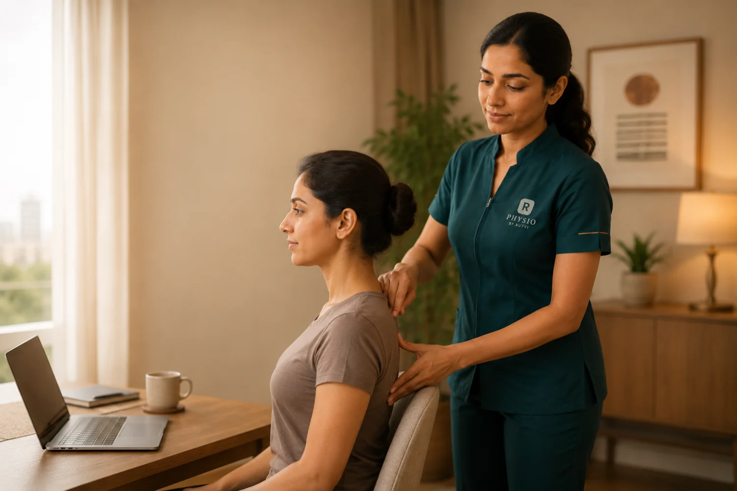 Physiotherapist correcting seated desk posture at home