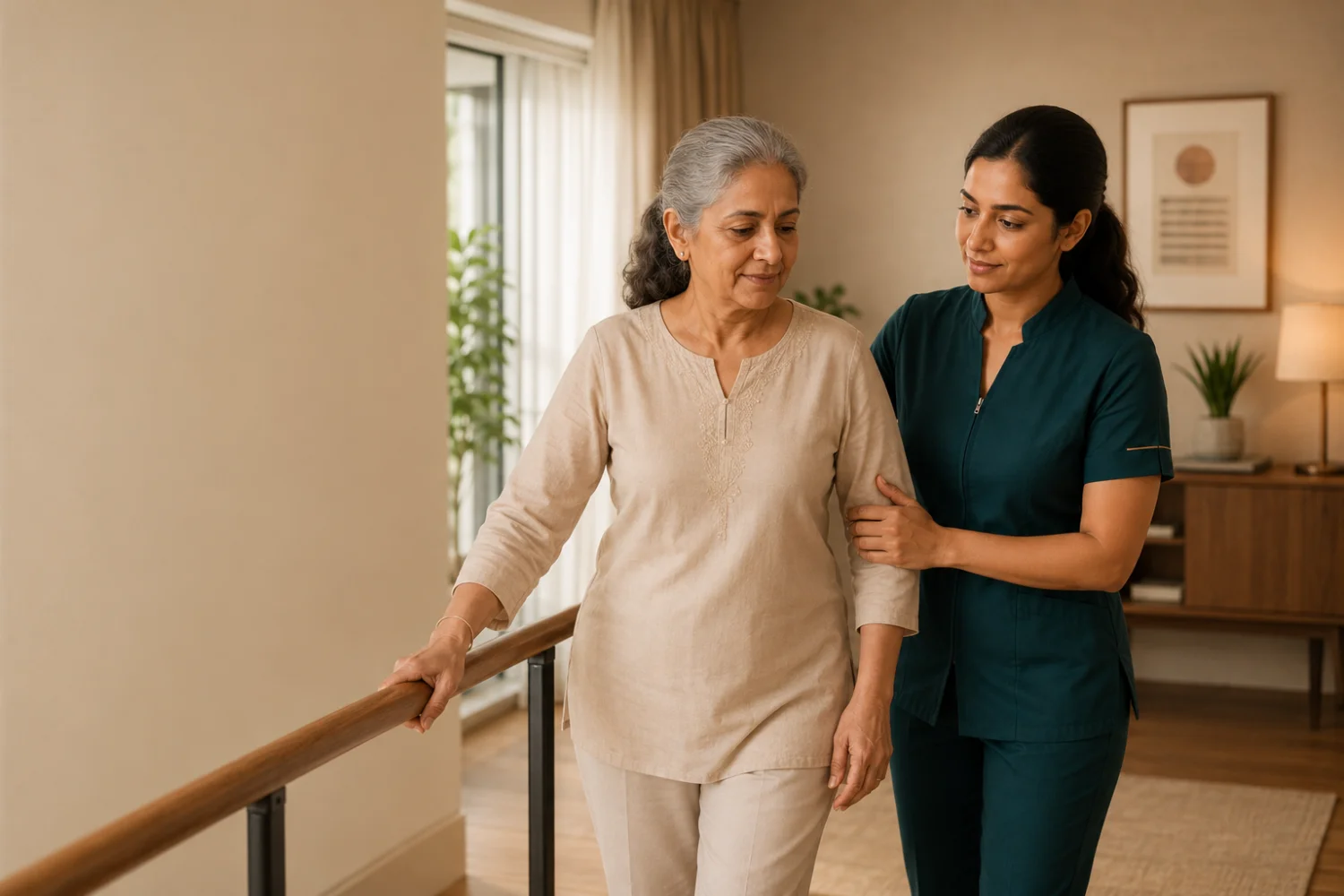 Physiotherapist assisting an elderly patient with safe walking support