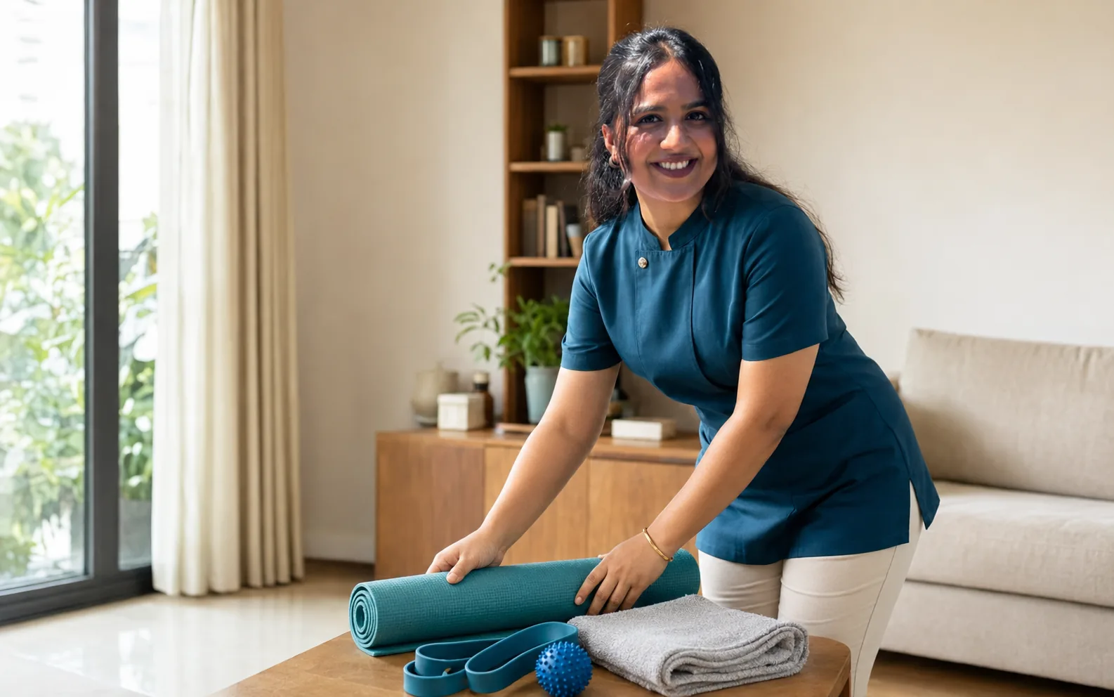 Dr Rutvi preparing physiotherapy equipment for a home visit