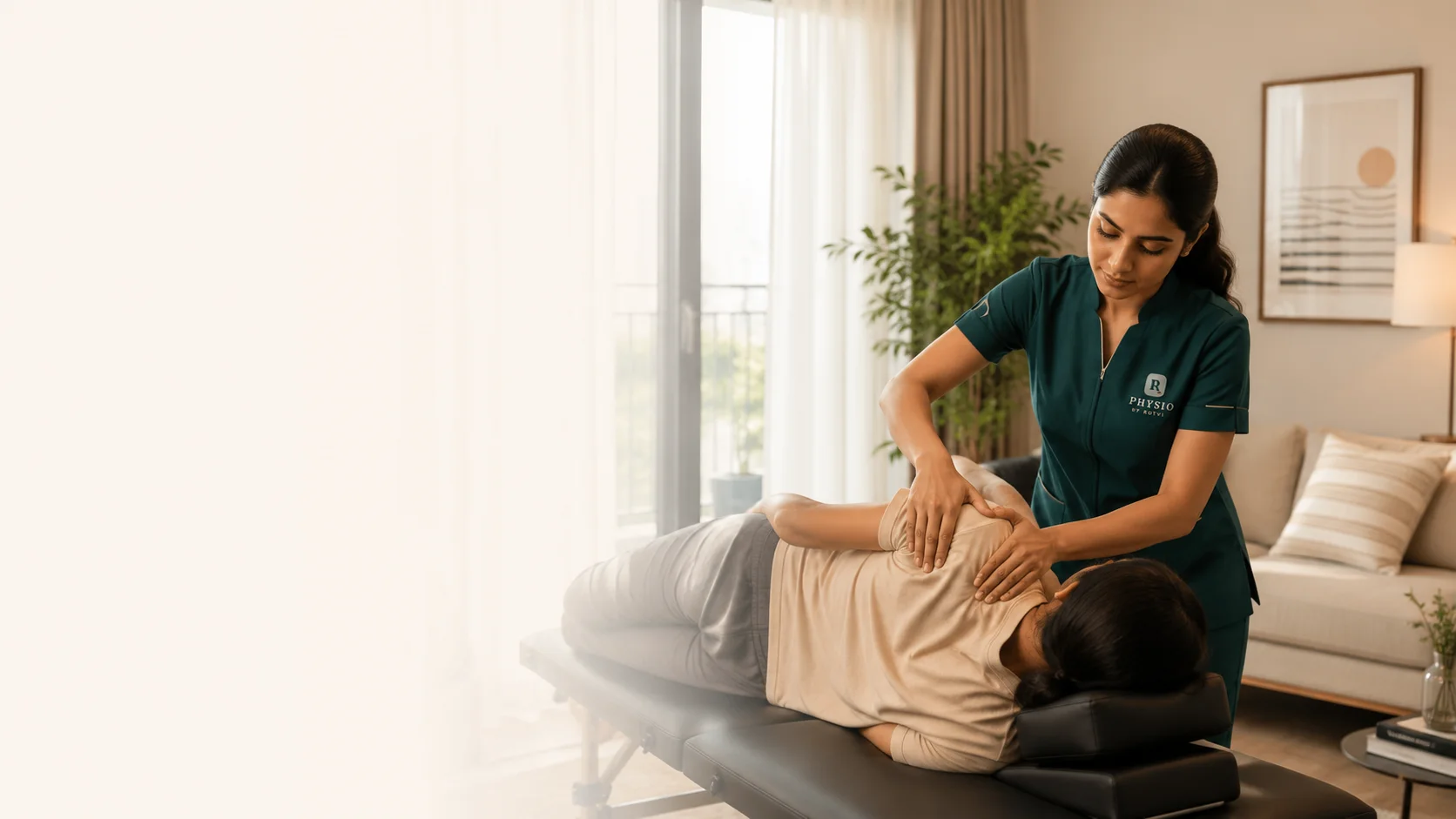 Physiotherapist treating a patient's shoulders during a home visit in a bright Mumbai apartment