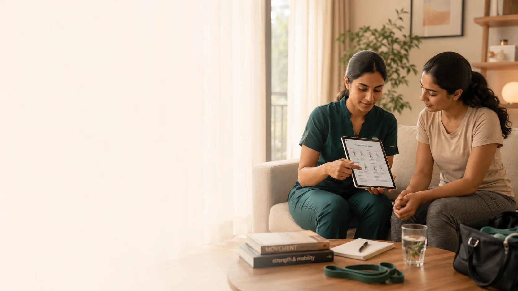 Physiotherapist reviewing a personalised recovery plan on a tablet with a patient at home