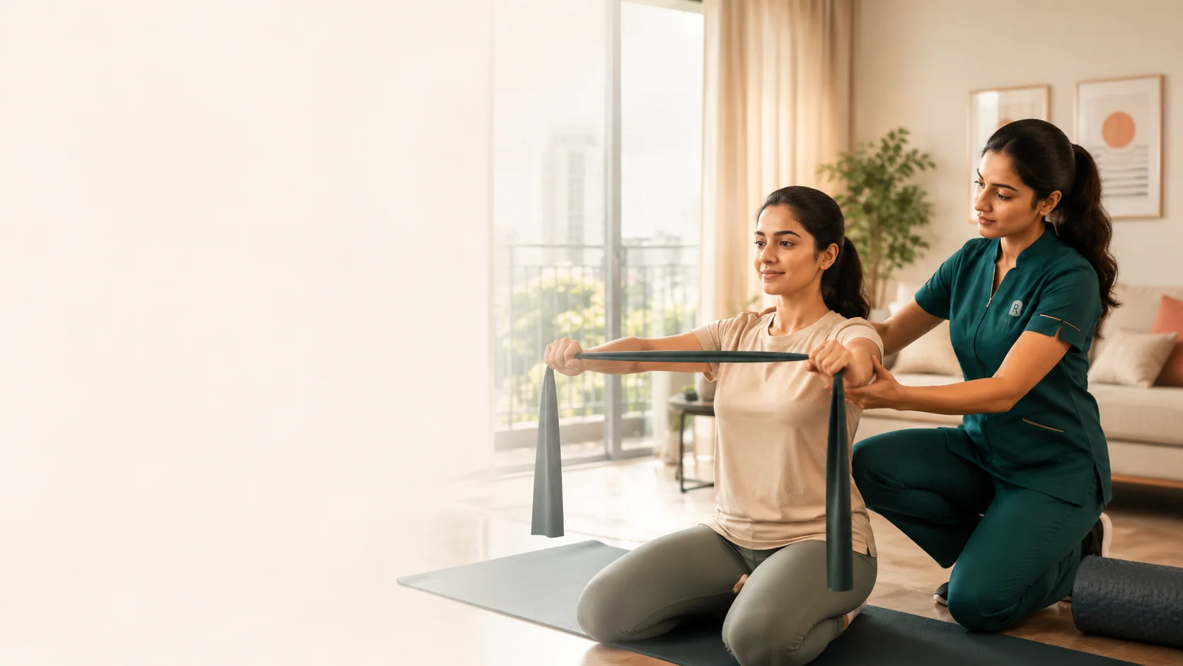 Guided resistance-band recovery exercise during an at-home physiotherapy session