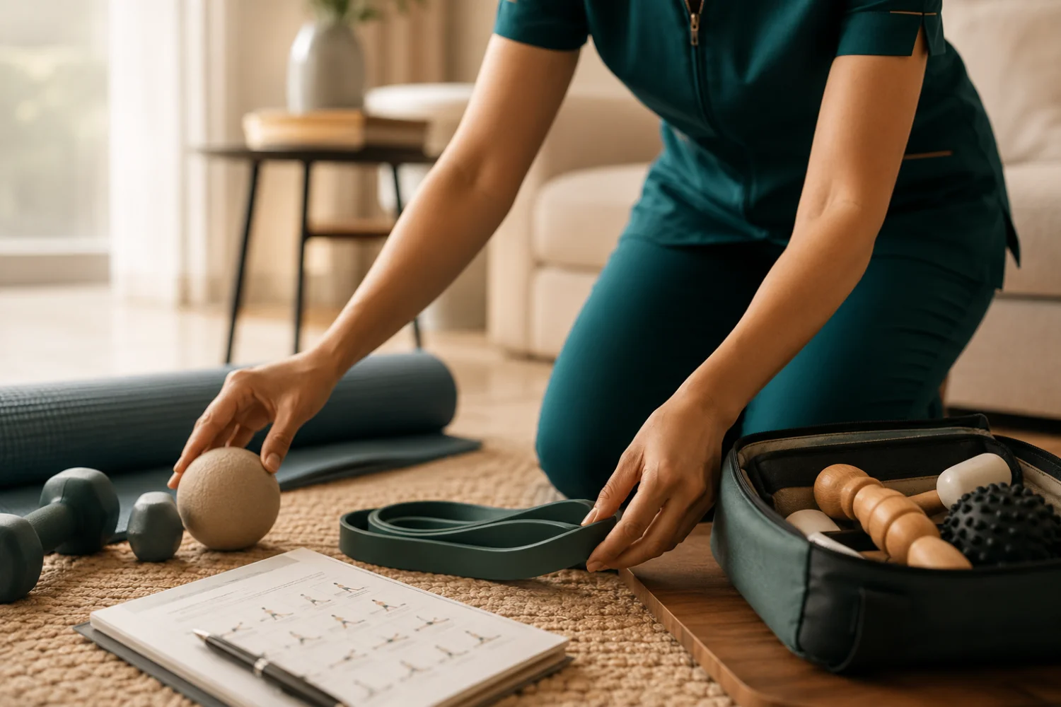 Physiotherapist laying out a home therapy kit with resistance bands, massage tools and an exercise plan