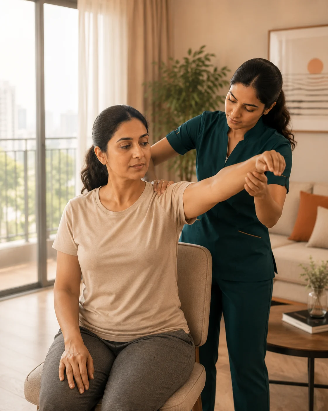 Physiotherapist guiding an assisted shoulder movement during a home assessment