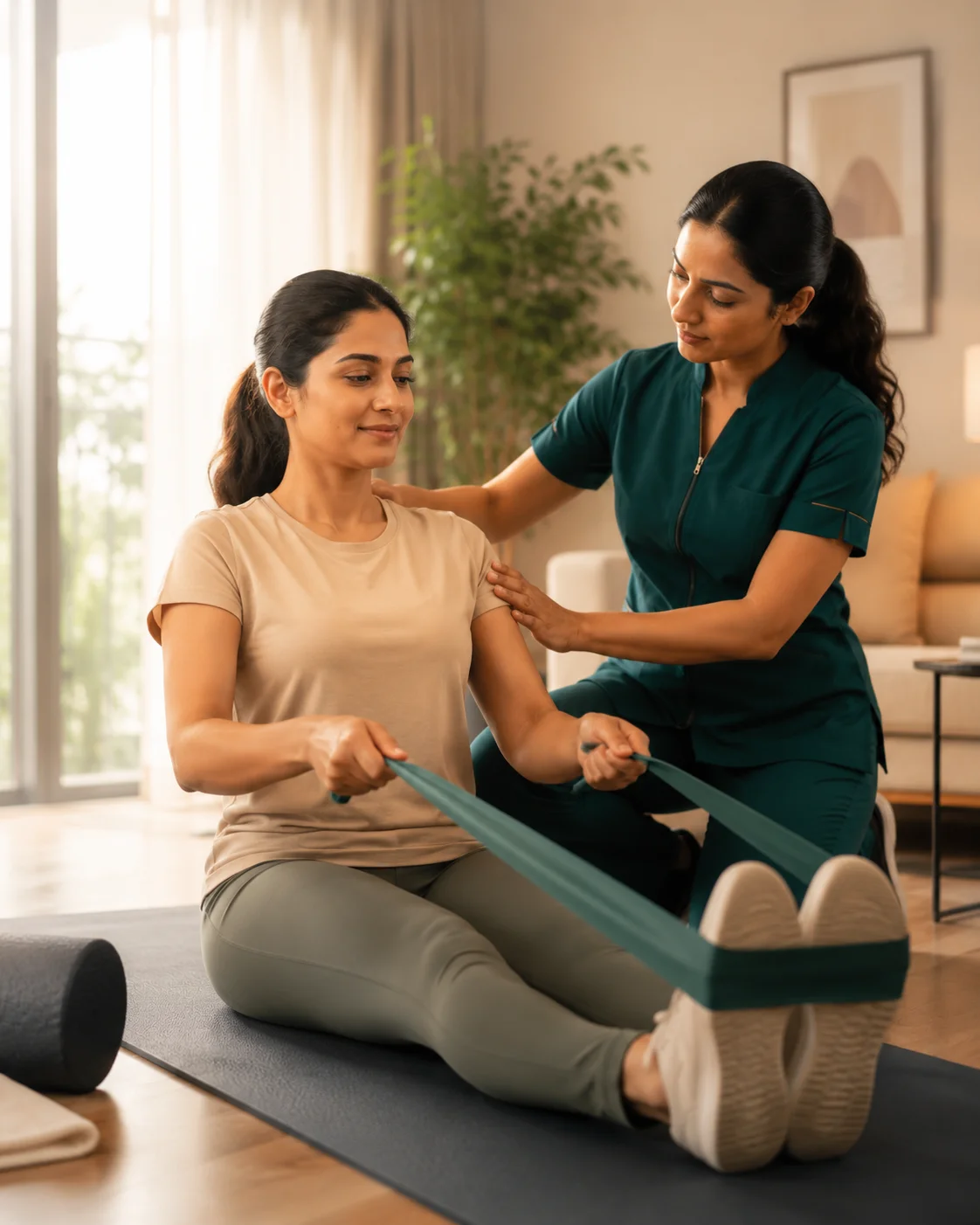 Guided resistance-band strengthening exercise on a mat during a home physiotherapy session