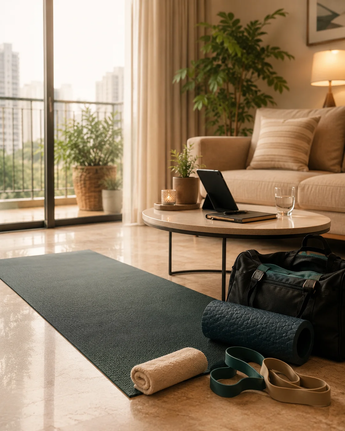 A calm home setup for a physiotherapy session with a mat, resistance bands, foam roller and tablet