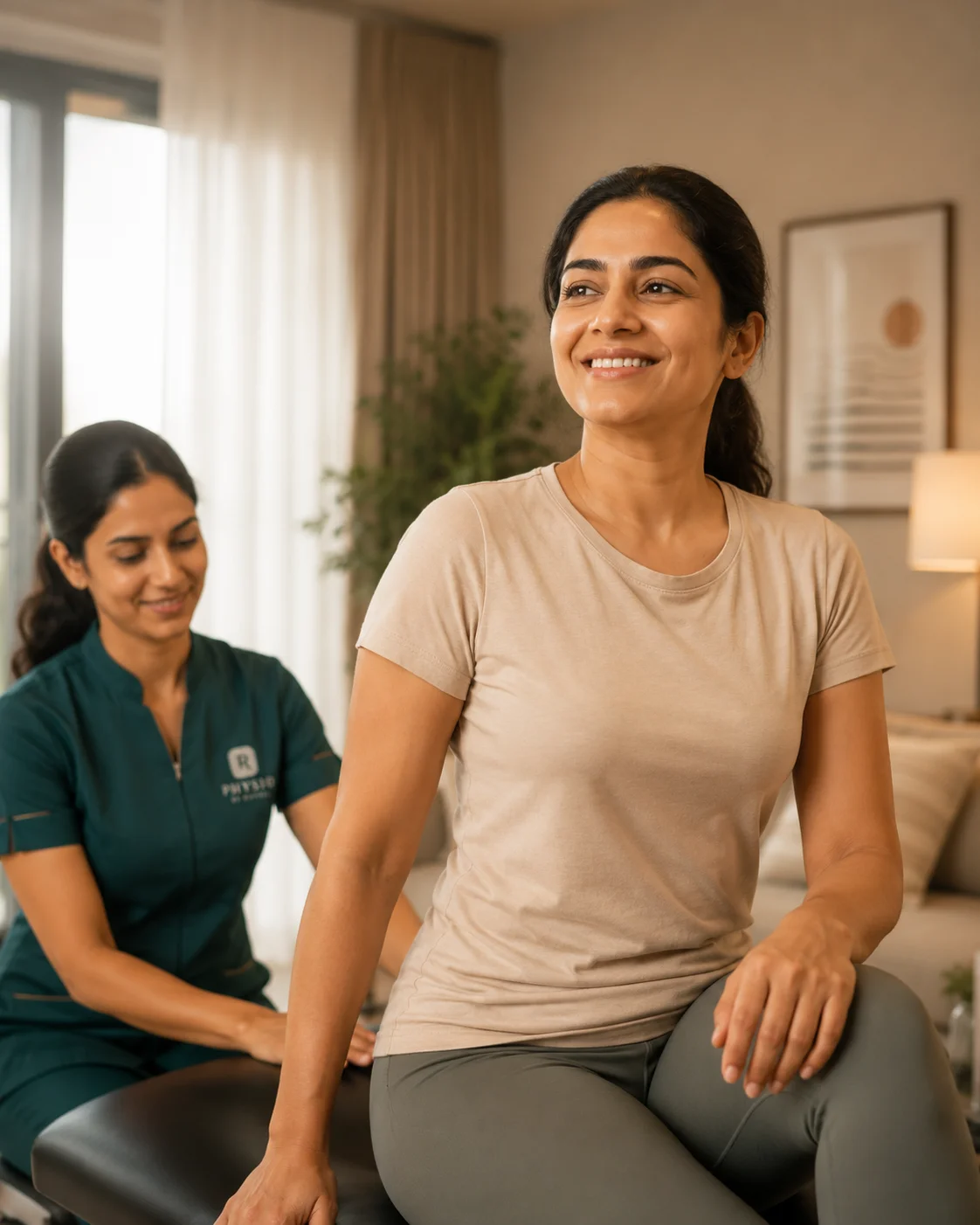 A patient smiling after a home physiotherapy session